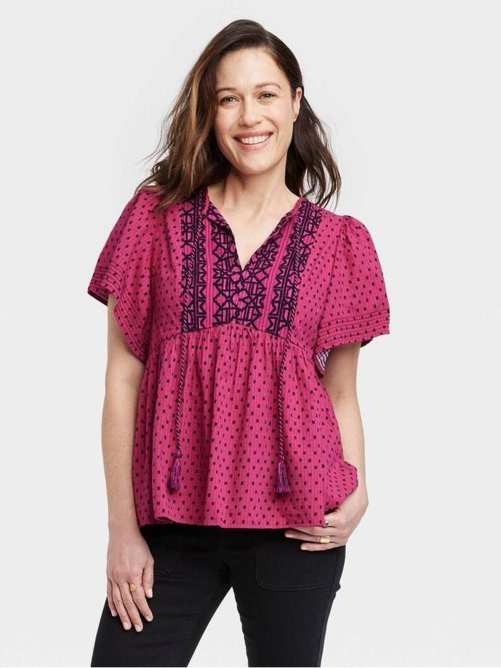 Knox Rose Magenta Peasant Blouse with Black Embroidery, Small